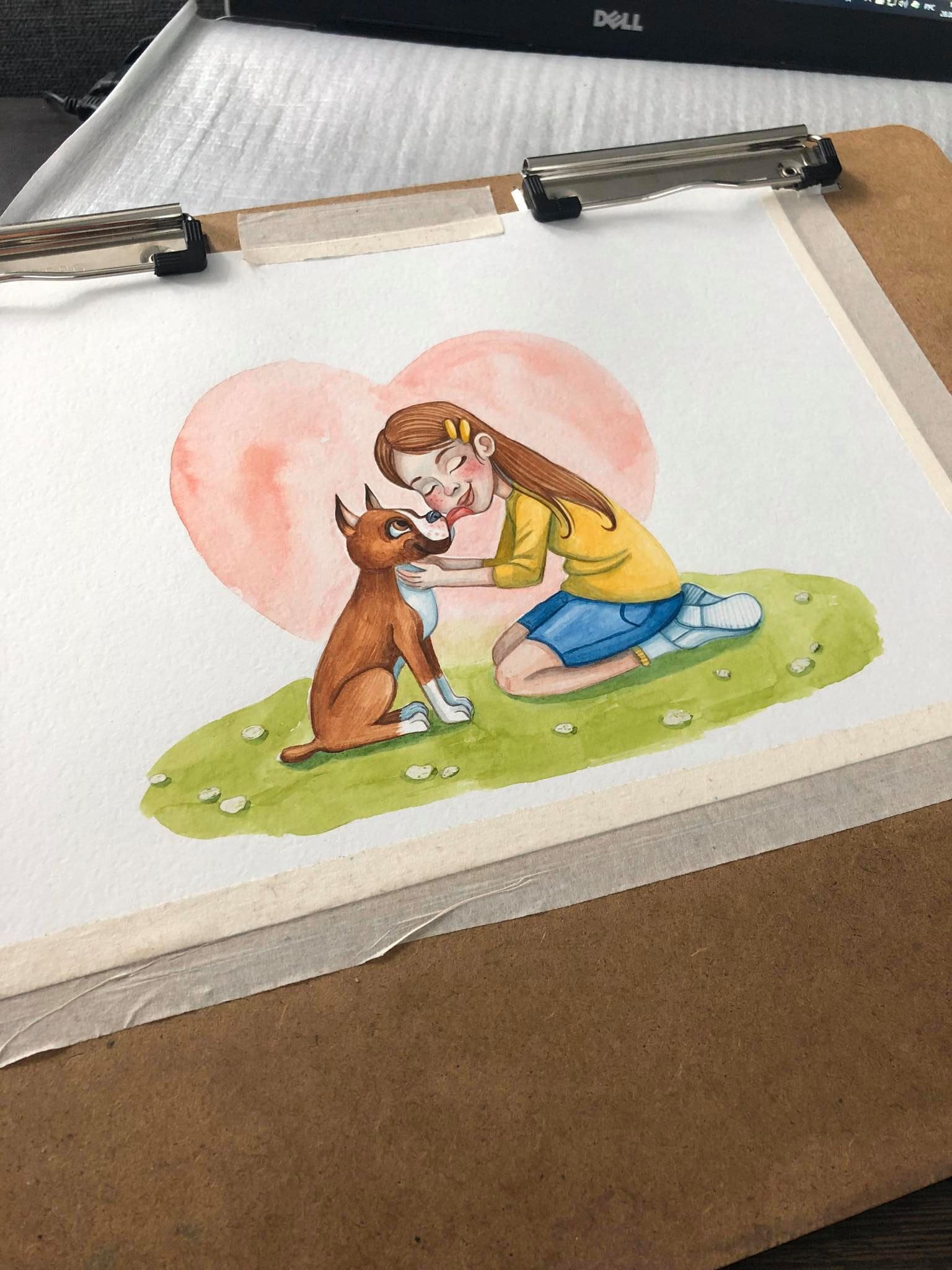 Watercolor artwork of a girl and her dog by Valeria Susik
