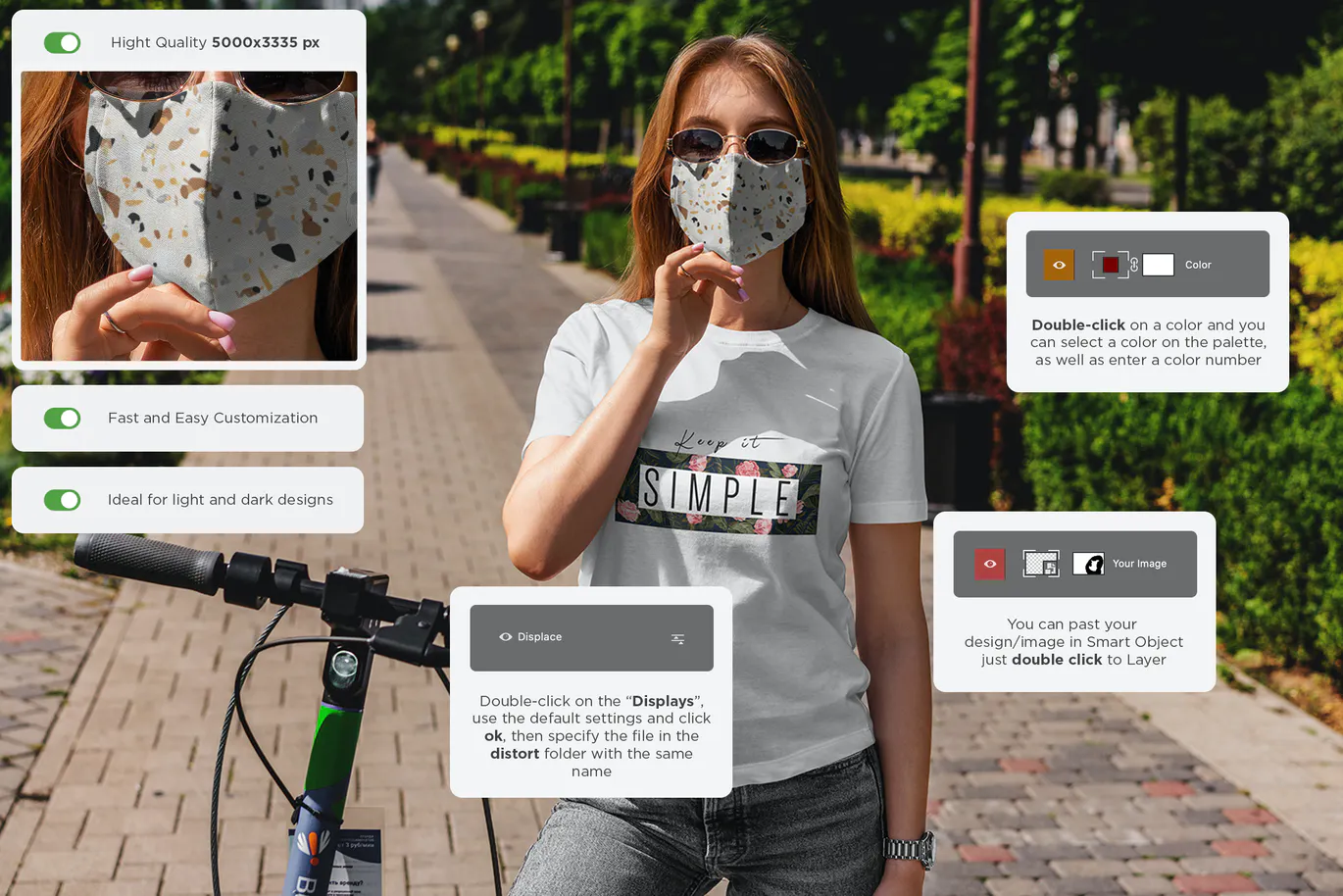 Female outside with bike with face mask Mockup