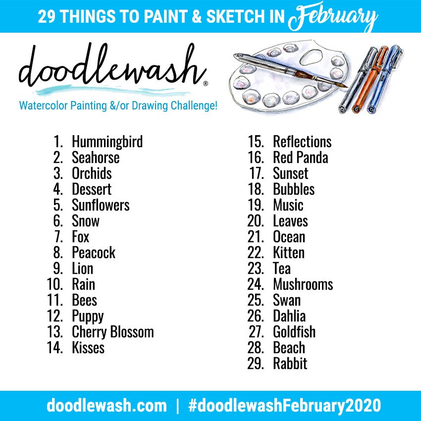 Doodlewash February 2020 Art Challenge Prompts