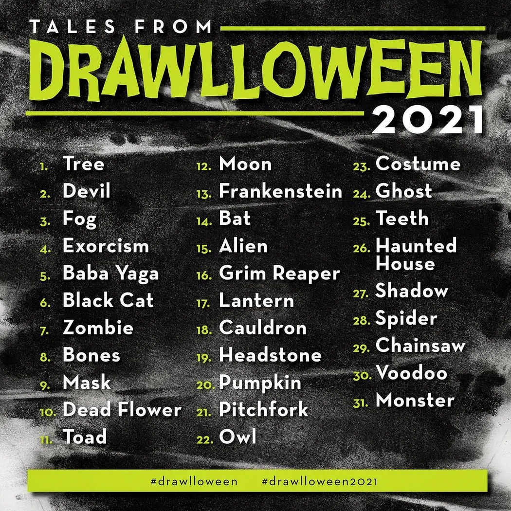 Drawlloween 2021 prompt list by Chad Wehrle